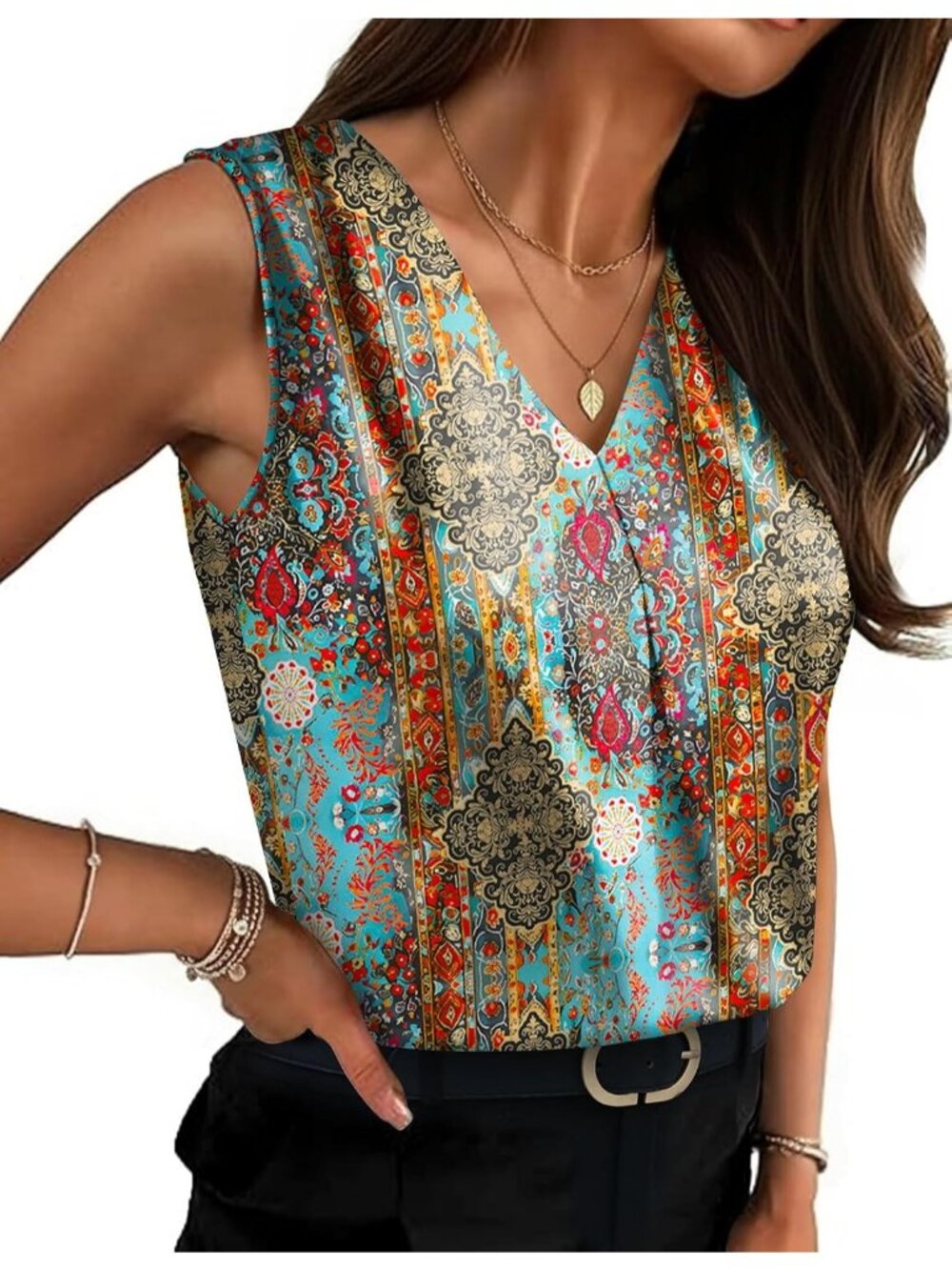 Women's Blue Orange Sleeveless V Neck Silk Satin Blouses Loose Casual Tank Top